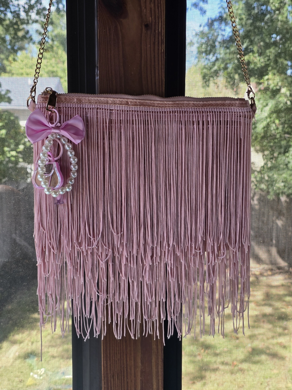 Pink Fringe Convertible Crossbody to Wristket Purse with Pearl Bag Charm - Picture 6 of 11